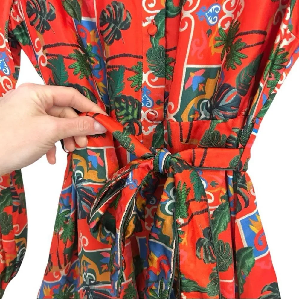 Emily Lovelock Alice Silk Red Print Button Down Dress, Size‎ Medium